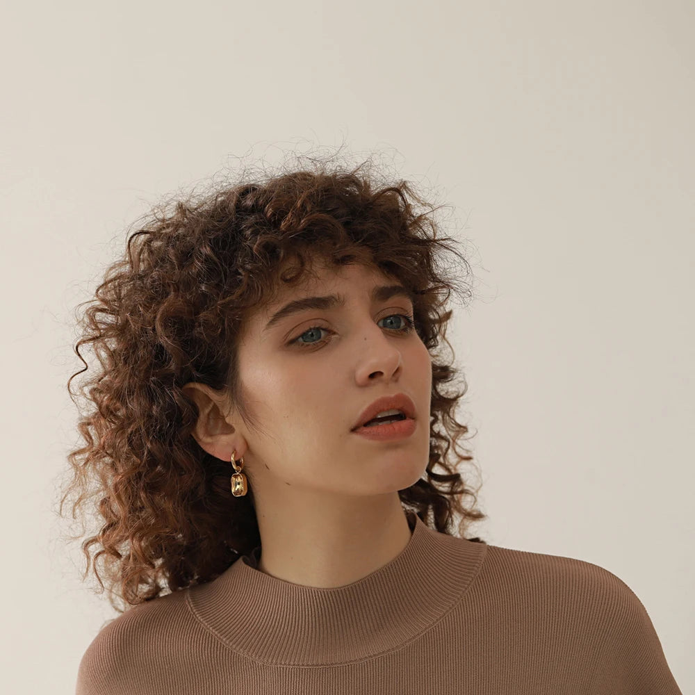 Stainless Steel Cubic Zirconia Drop Dangle Charms Trendy Earrings 18K-Gold-Plated Green Square Geometric Earring Jewelry