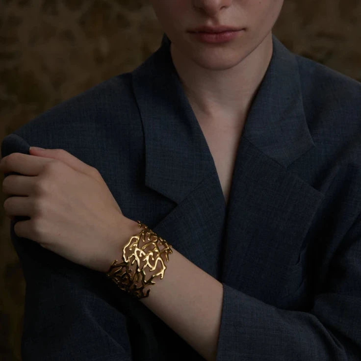 Statement Stainless Steel Twig Geometric Hollow Wide Cuff Big Bracelet Bangle for Women Waterproof Large Jewelry