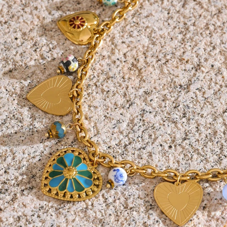 2025 Exquisite Stainless Steel Ceramic Beads Heart Love Drop Necklace High Quality Golden Charm Jewelry Recommend