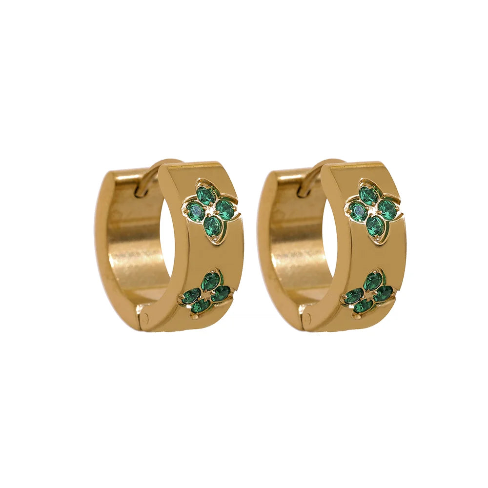 Exquisite Pink Green White Cubic Zirconia Stainless Steel round Chic Hoop Earrings Women High Quality Waterproof Jewelry