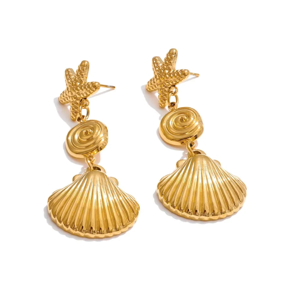 Ocean Style Stainless Steel Starfish Shell Drop Dangle Earrings Summer Trendy Holiday Fashion Charm 18K Golden PVD Jewelry