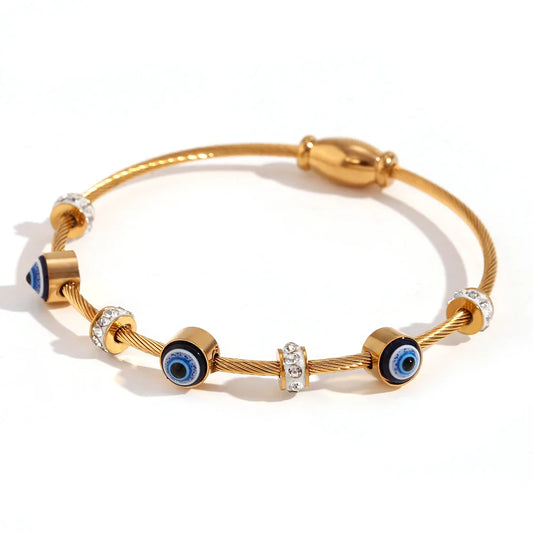 Rectangular Shell Demon Eye Blue Eyes Hollow Line Rhinestone Zircon Closed Bracelet 18K Gold Plated Stainless Steel