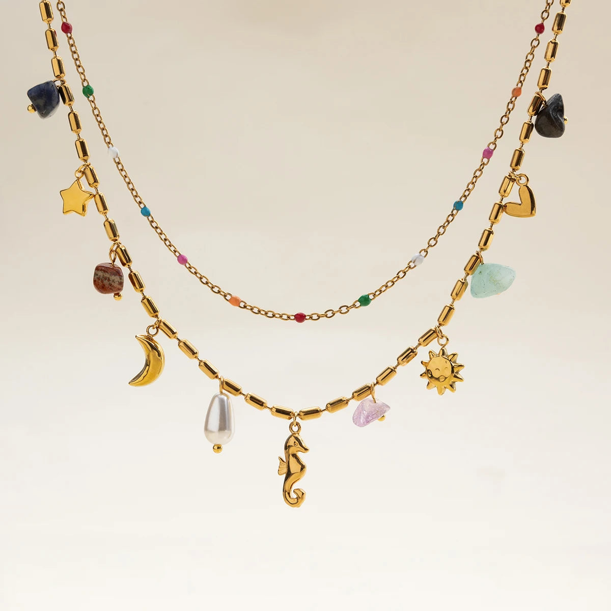 Uworld Fashion Vacation Style 18K Gold Color Plated Stainless Steel Natural Color Stone Pendant Necklace Stackable Double Layer