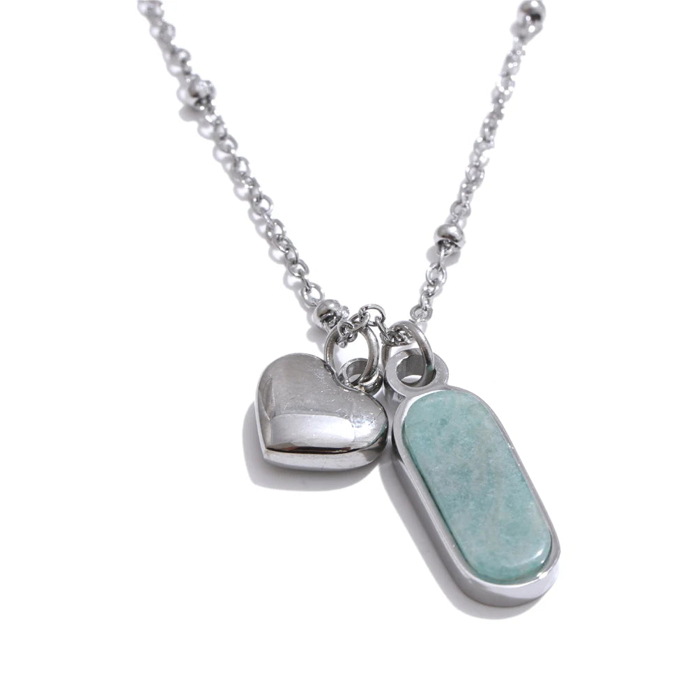 Popular Natural Amazonite Stone Heart Oval Drop Necklace Women Stainless Steel Polished Waterproof Fashion Jewelry Gift