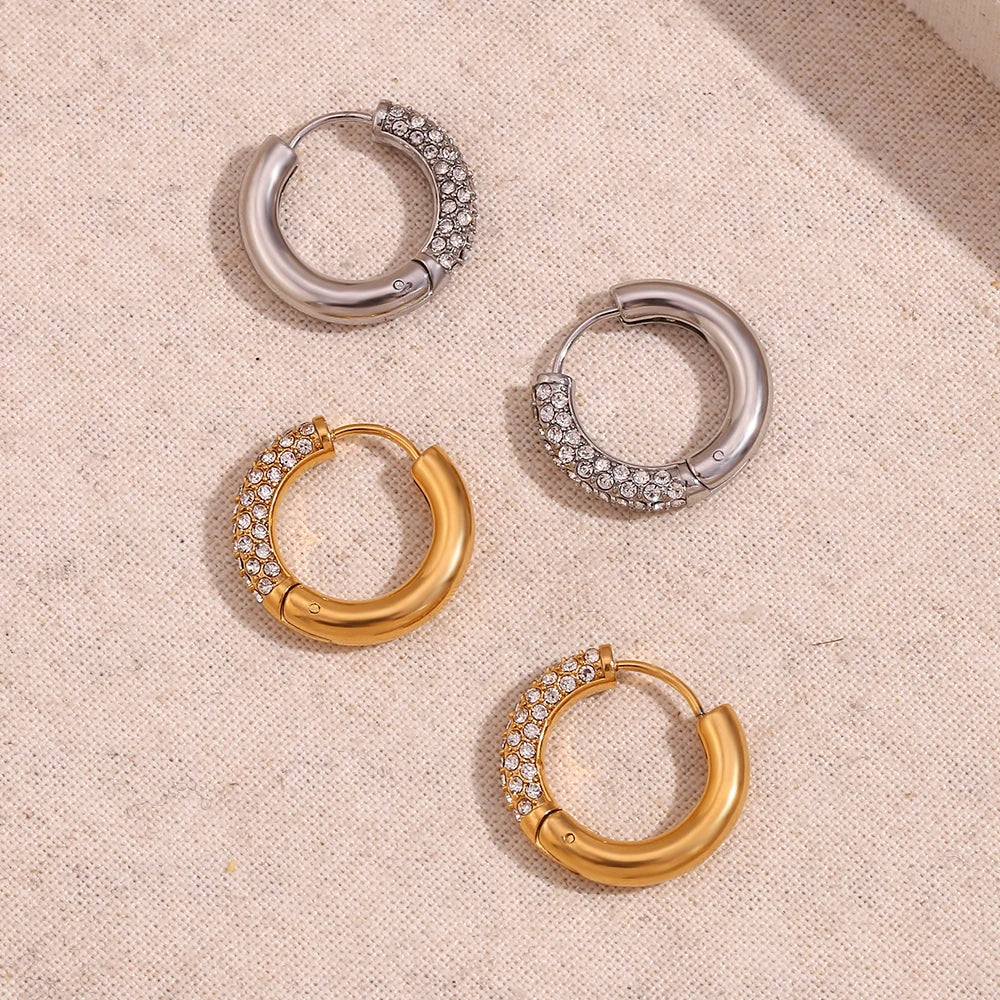 Circular Semi Inlaid Zircon Earrings Silver Color 316L Stainless Steel Women'S Earrings 18K Gold Plated Jewelry