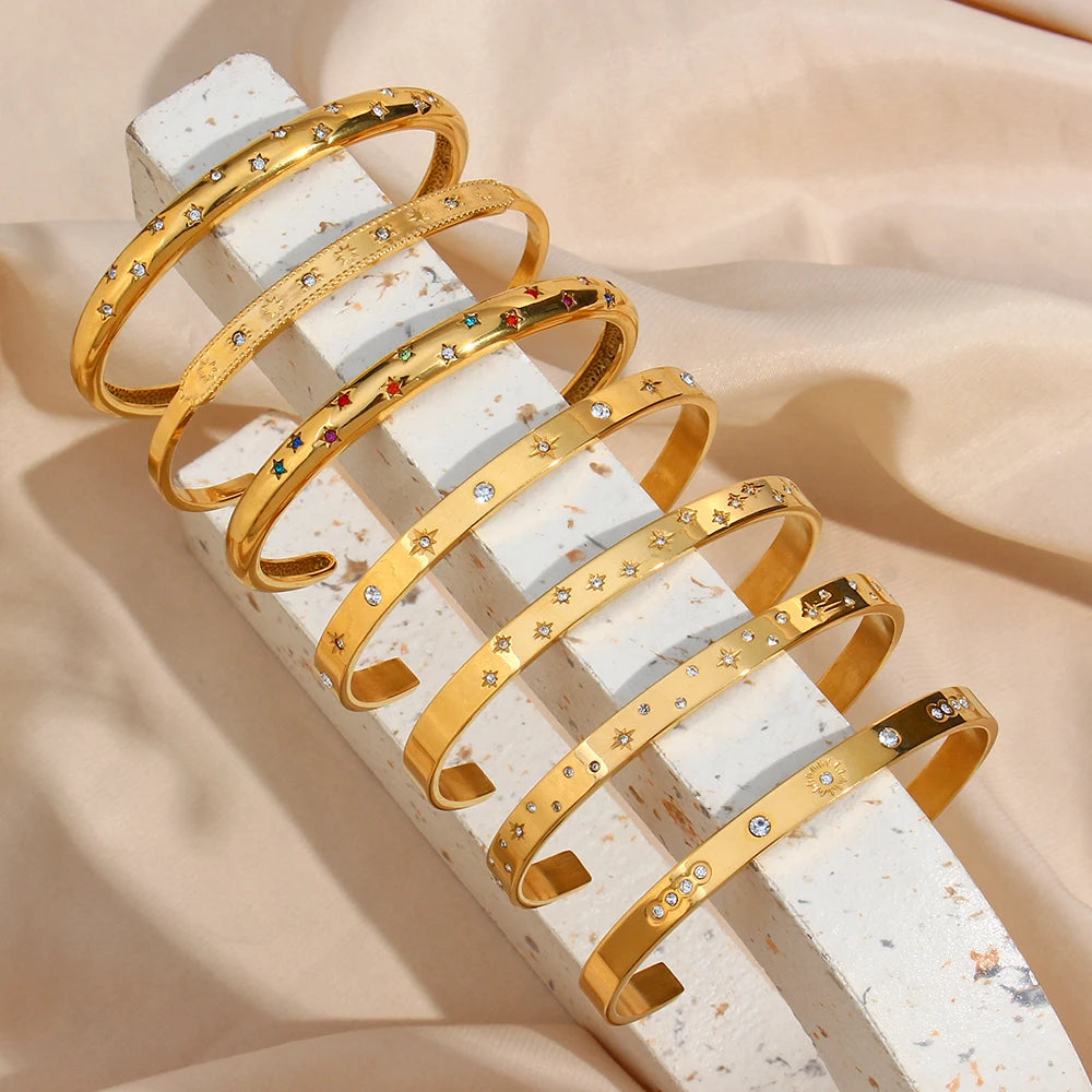18K Gold Plated Waterproof Tarnish Free Crystal Zircon Pave Shiny Star Moon Cuff Bangles Bracelets for Woman Wrist Bangles