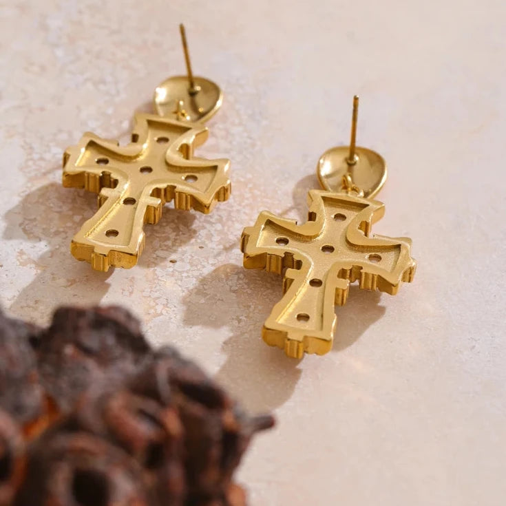 Vintage Imitation Pearls Zirconia Cross Drop Earrings 18K Gold Color Stainless Steel Popular Jewelry 2025