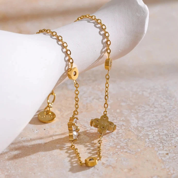 Delicate Cubic Zirconia Flower Chain Thin Bracelet Bangle Stainless Steel Rust Proof Office Ladies Chic Jewelry New Gift