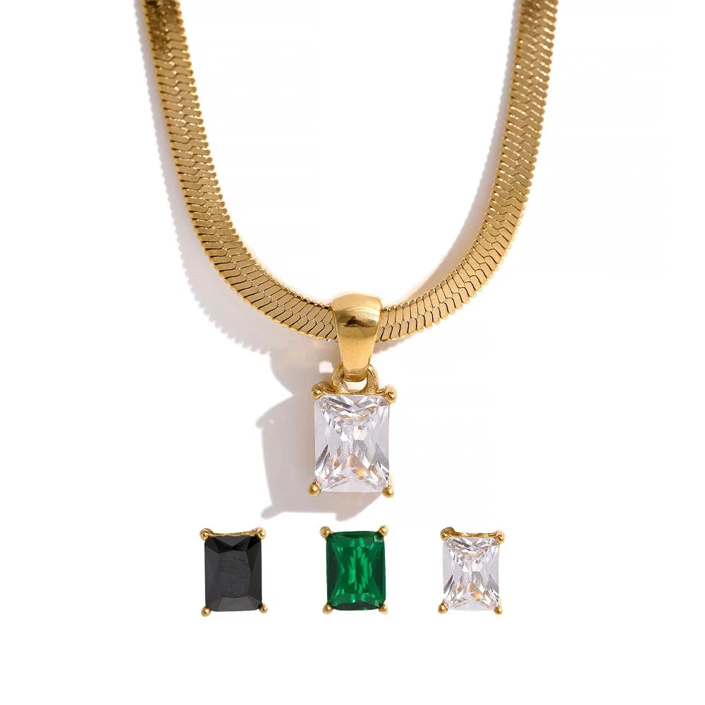 Exquisite Geometric Square Cubic Zirconia Drop Snake Chain Collar Necklace Trendy Golden Jewelry PVD Waterproof Bulk Price