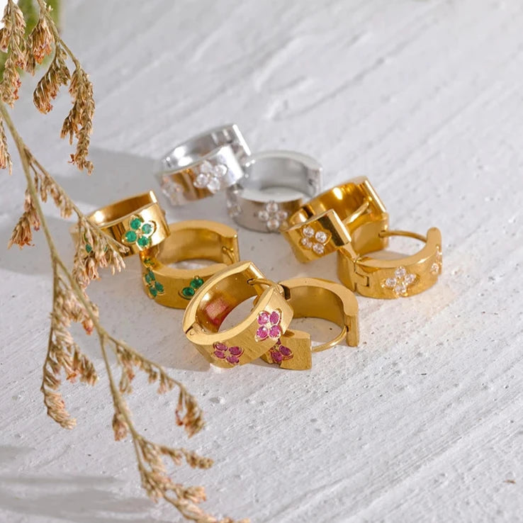 Exquisite Pink Green White Cubic Zirconia Stainless Steel round Chic Hoop Earrings Women High Quality Waterproof Jewelry