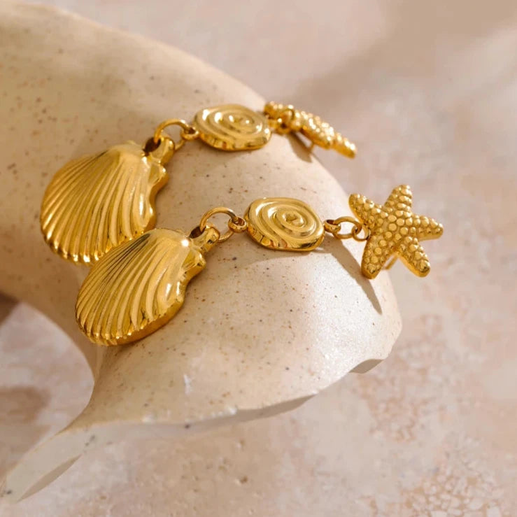 Ocean Style Stainless Steel Starfish Shell Drop Dangle Earrings Summer Trendy Holiday Fashion Charm 18K Golden PVD Jewelry