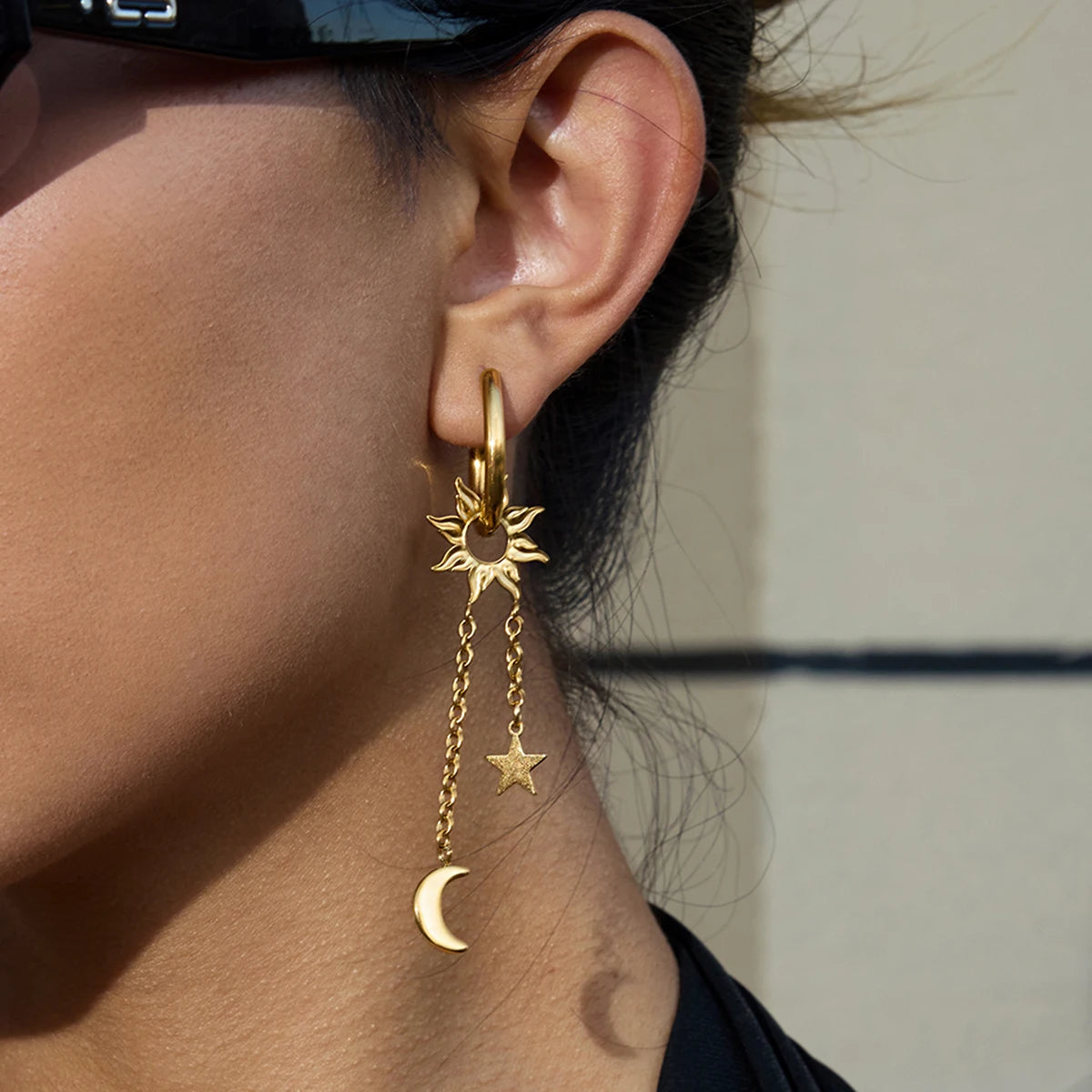 Fashion Pentagram + Sun Dangle Tassel Earrings Stainless Steel 18K Gold Color Plated with Zirconia Women'S Earrings