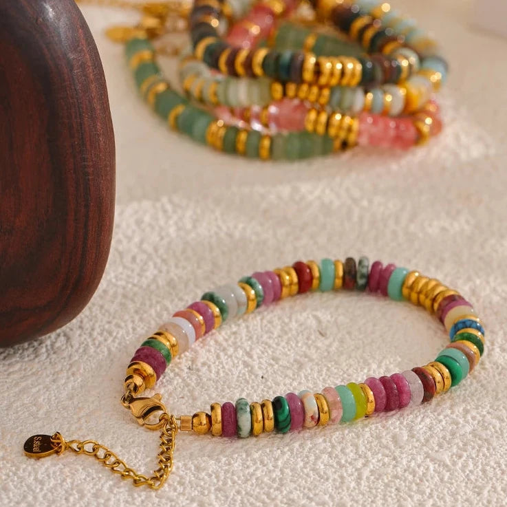 Colorful Natural Stone Beads Chain Handmade Bracelet Bangle Waterproof Bohemia Stainless Steel Y2K Trendy Jewelry Gift