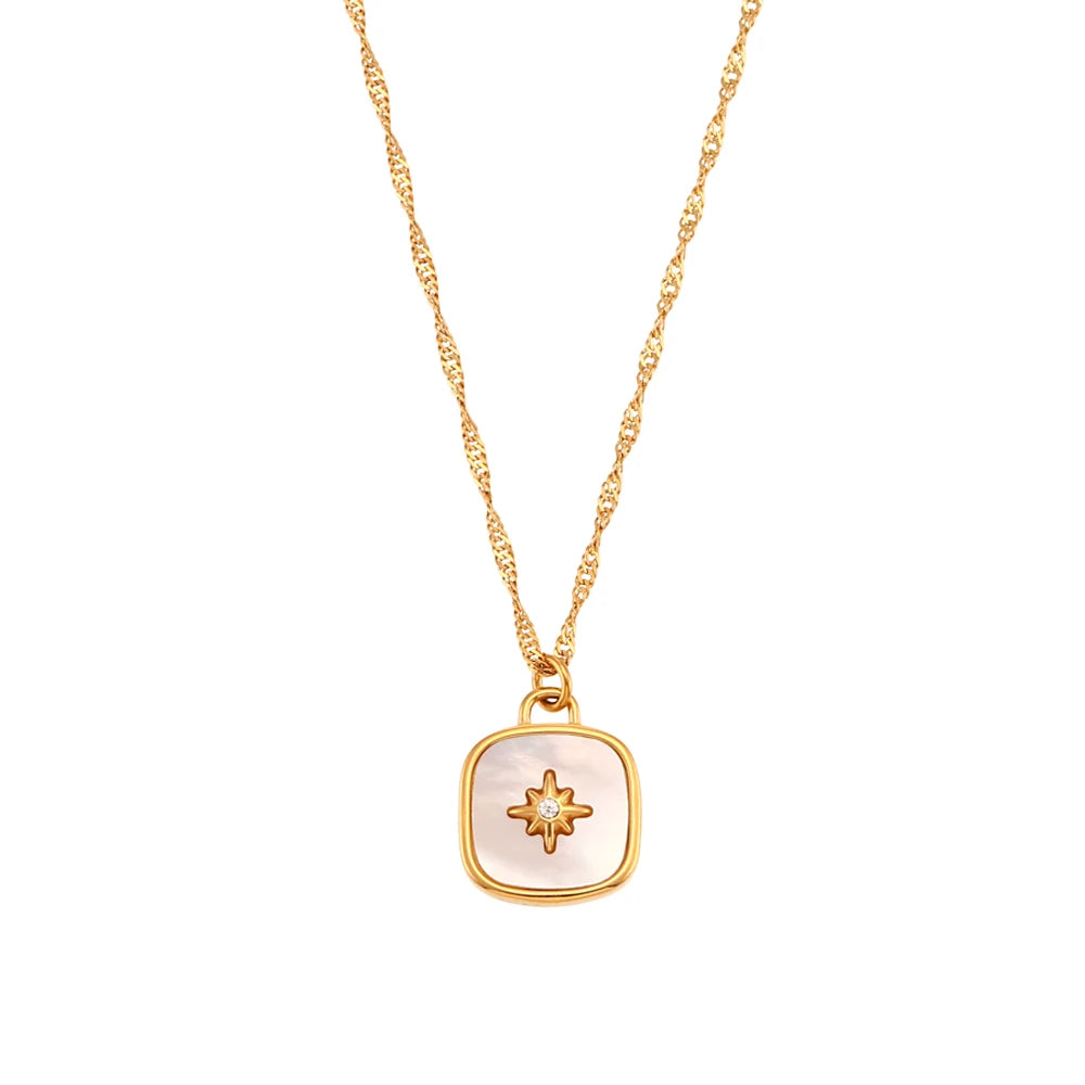 Quality Collections Waterproof Tarnish Free Stainless Steel 18K Gold Plated Shell Pearl Crystal Moon Pendant Necklaces for Women