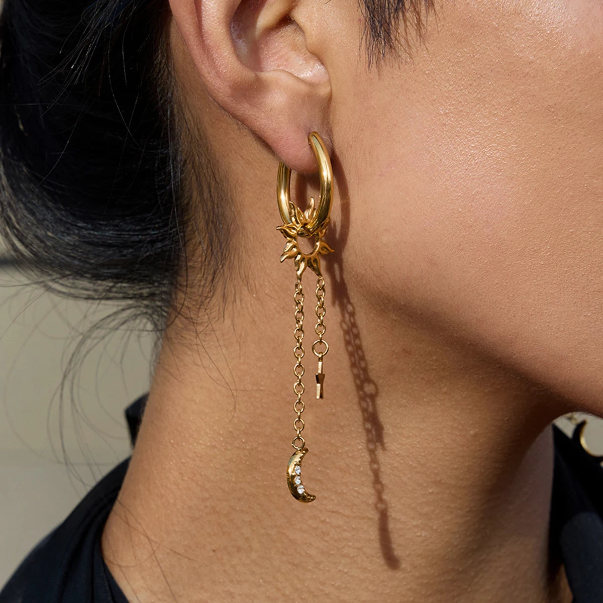 Fashion Pentagram + Sun Dangle Tassel Earrings Stainless Steel 18K Gold Color Plated with Zirconia Women'S Earrings