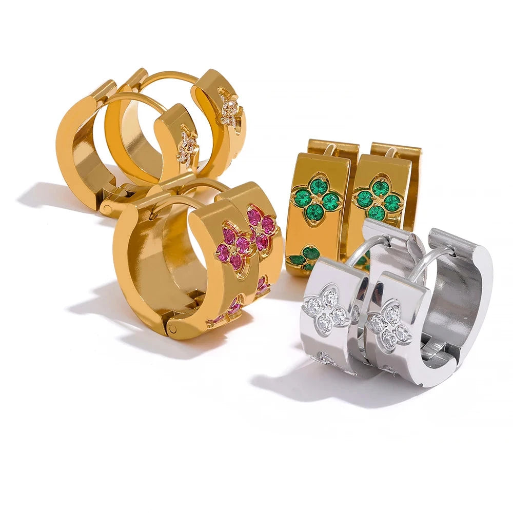 Exquisite Pink Green White Cubic Zirconia Stainless Steel round Chic Hoop Earrings Women High Quality Waterproof Jewelry