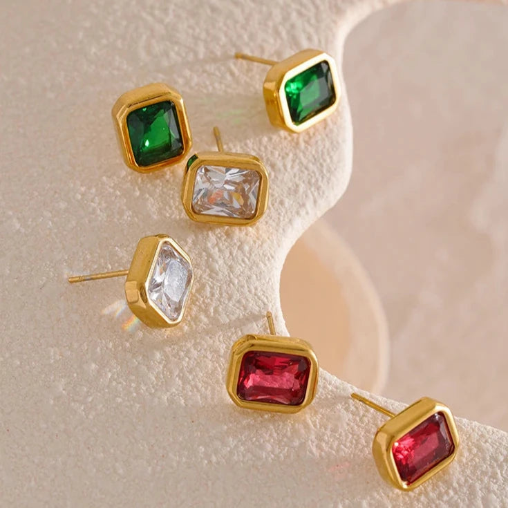 Square Geometric White Green Cubic Zirconia CZ Bling Stud Earrings Stainess Steel Waterproof Charm Women Basic Jewelry