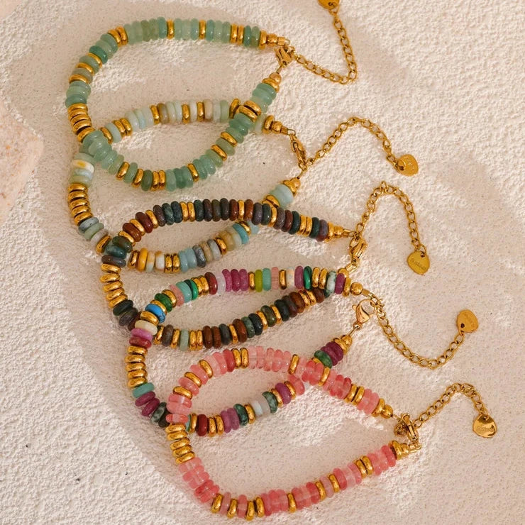Colorful Natural Stone Beads Chain Handmade Bracelet Bangle Waterproof Bohemia Stainless Steel Y2K Trendy Jewelry Gift