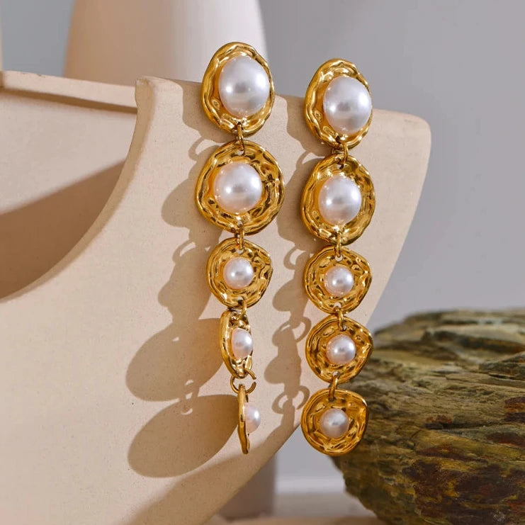 Stainless Steel Simulated Pearls Golden Long Hanging Drop Earrings Prevent Allergy Fashion Popular Statement Jewelry Gift