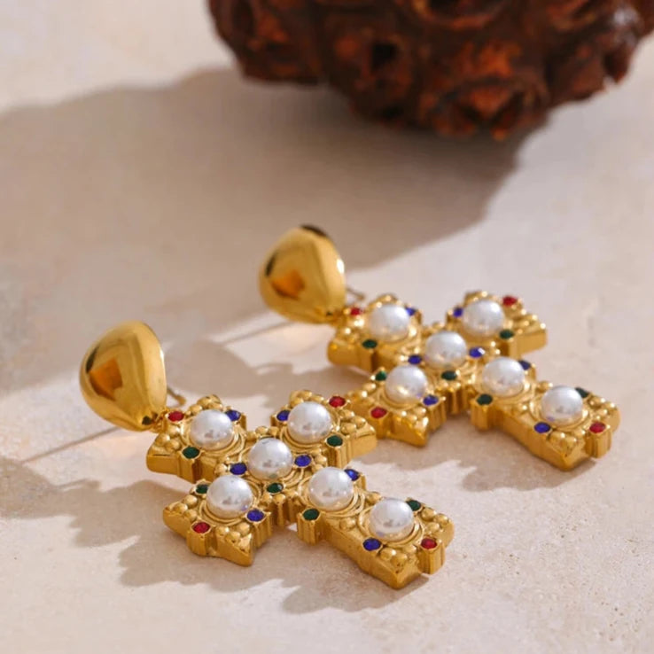 Vintage Imitation Pearls Zirconia Cross Drop Earrings 18K Gold Color Stainless Steel Popular Jewelry 2025