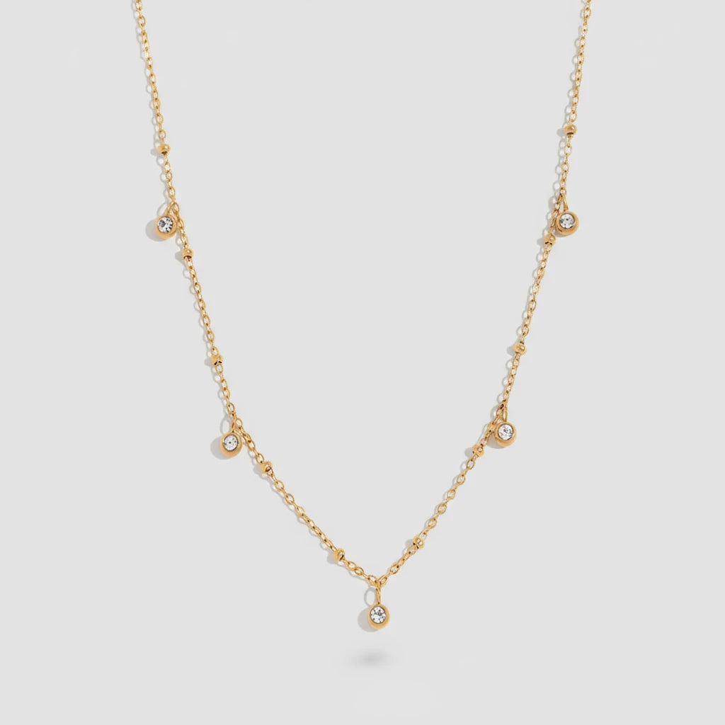 La. Muses Colored Cubic Zirconia Bead Chain Stainless Steel Women'S Necklace 18K Gold-Plated Fashion Waterproof Jewelry Gifts