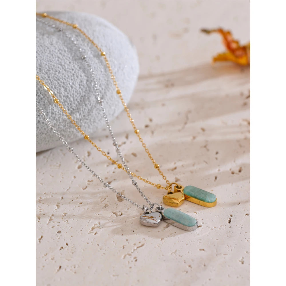 Popular Natural Amazonite Stone Heart Oval Drop Necklace Women Stainless Steel Polished Waterproof Fashion Jewelry Gift
