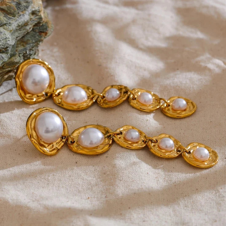 Stainless Steel Simulated Pearls Golden Long Hanging Drop Earrings Prevent Allergy Fashion Popular Statement Jewelry Gift
