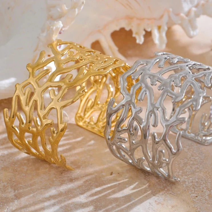 Statement Stainless Steel Twig Geometric Hollow Wide Cuff Big Bracelet Bangle for Women Waterproof Large Jewelry