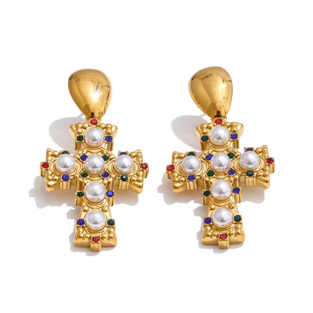 Vintage Imitation Pearls Zirconia Cross Drop Earrings 18K Gold Color Stainless Steel Popular Jewelry 2025