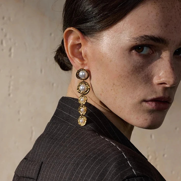 Stainless Steel Simulated Pearls Golden Long Hanging Drop Earrings Prevent Allergy Fashion Popular Statement Jewelry Gift