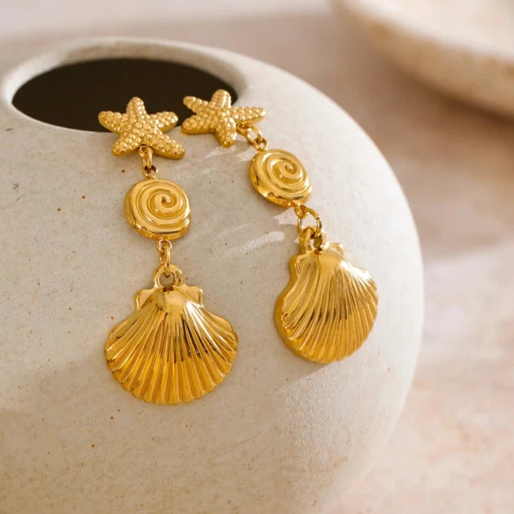 Ocean Style Stainless Steel Starfish Shell Drop Dangle Earrings Summer Trendy Holiday Fashion Charm 18K Golden PVD Jewelry