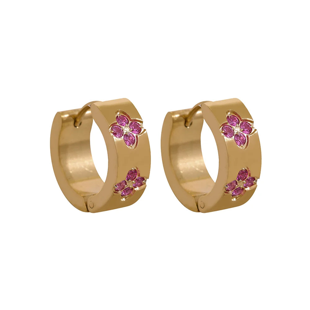 Exquisite Pink Green White Cubic Zirconia Stainless Steel round Chic Hoop Earrings Women High Quality Waterproof Jewelry