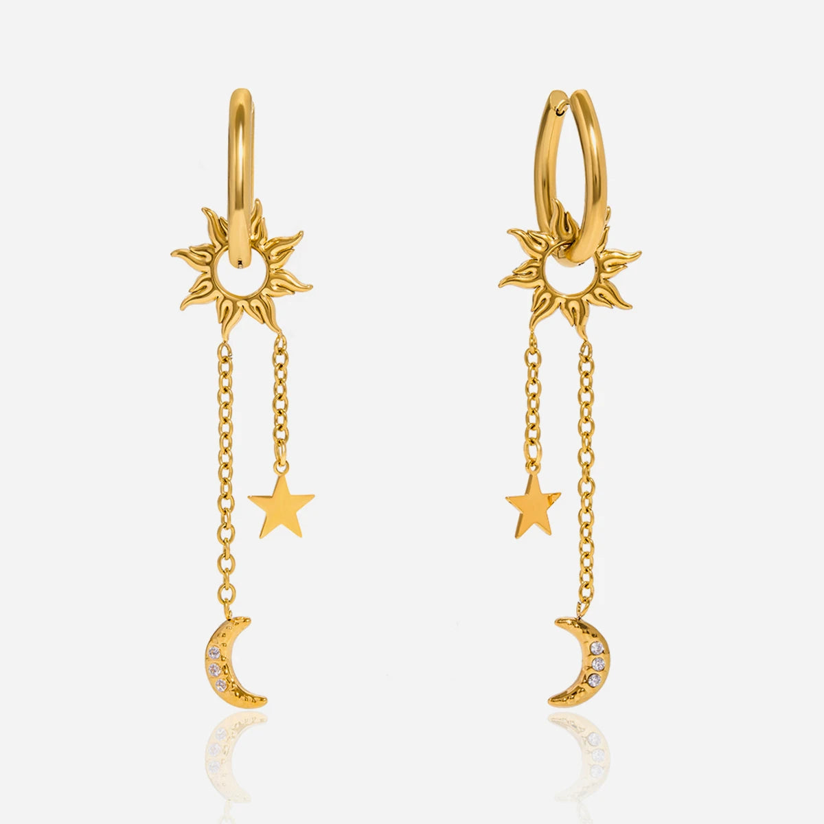 Fashion Pentagram + Sun Dangle Tassel Earrings Stainless Steel 18K Gold Color Plated with Zirconia Women'S Earrings