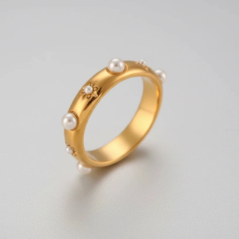 18K Gold Plated Green Zircon Pearl Rings for Women Waterproof Hypoallergenic Dainty Gold Ring Stainless Steel Jewelry