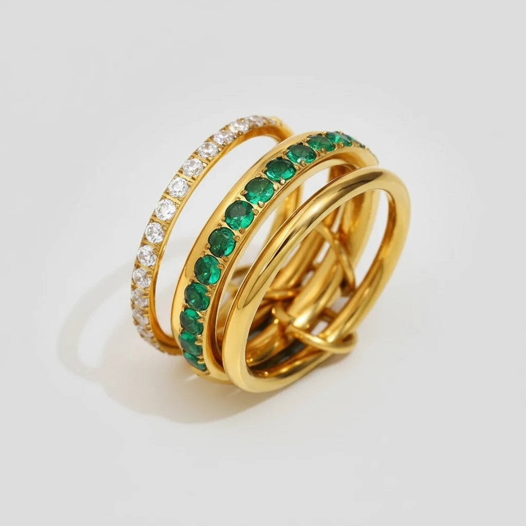 New Luxury Four Layers Green/Clear Rhinestone Rings 18K Gold Plated Stainless Steel Smooth Finger Jewelry