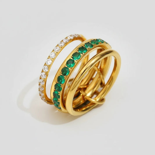 New Luxury Four Layers Green/Clear Rhinestone Rings 18K Gold Plated Stainless Steel Smooth Finger Jewelry