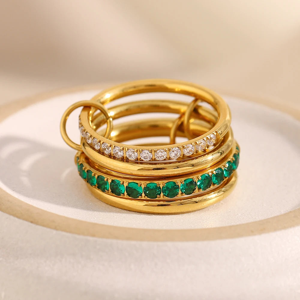 New Luxury Four Layers Green/Clear Rhinestone Rings 18K Gold Plated Stainless Steel Smooth Finger Jewelry
