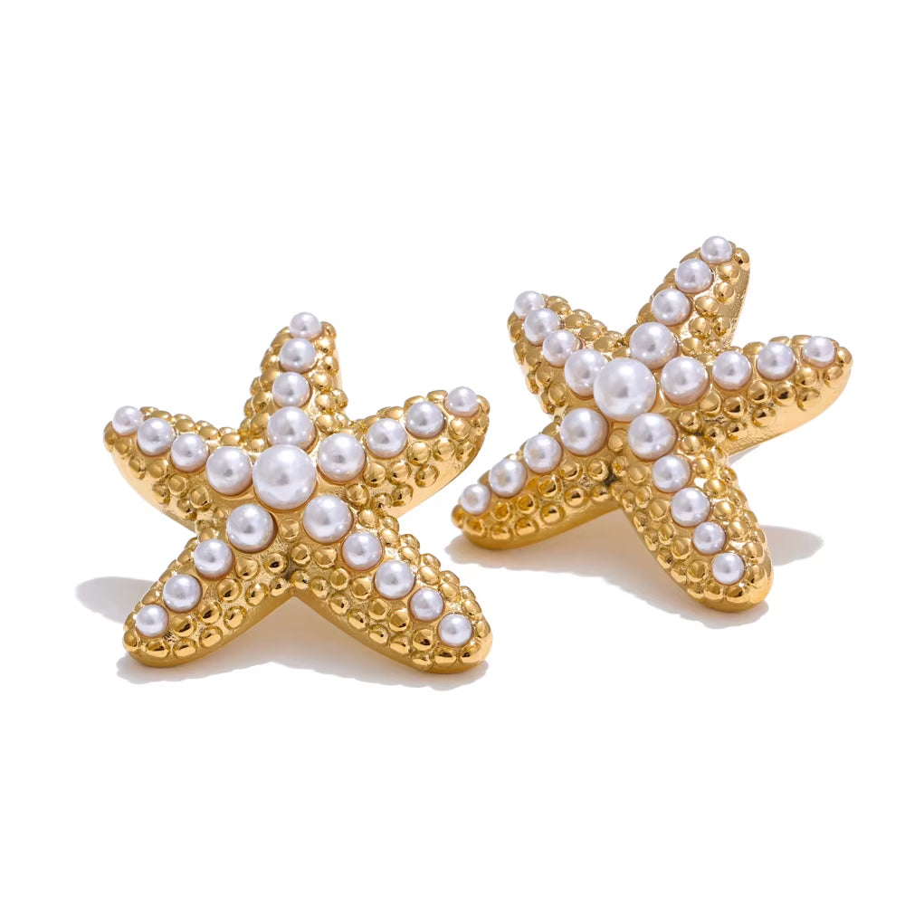 Ocean Style Imitation Pearls Starfish Stud Earrings Stainless Steel Casting Exquisite Summer Holiday Beach Jewelry Gift