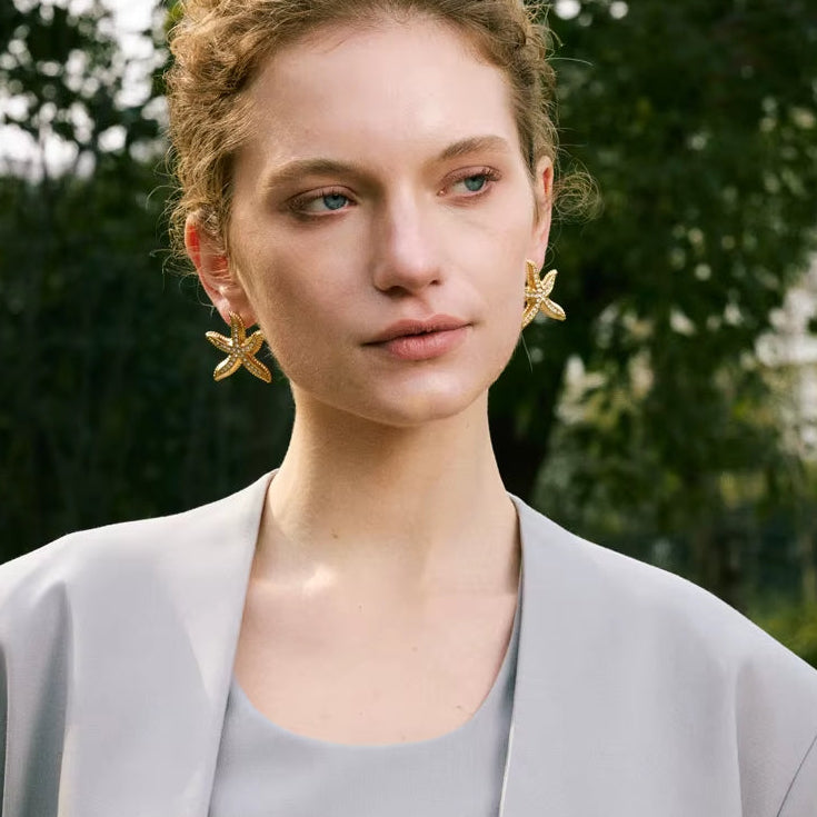 Ocean Style Imitation Pearls Starfish Stud Earrings Stainless Steel Casting Exquisite Summer Holiday Beach Jewelry Gift