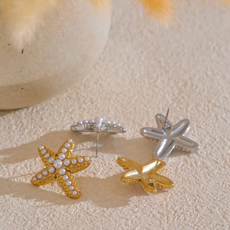 Ocean Style Imitation Pearls Starfish Stud Earrings Stainless Steel Casting Exquisite Summer Holiday Beach Jewelry Gift
