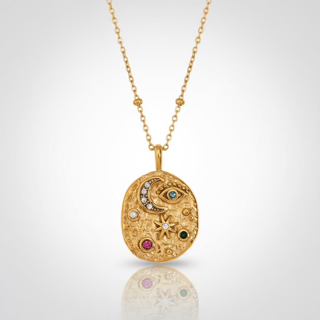 La. Muses Colored Cubic Zirconia Star Moon Texture Pendant Stainless Steel Retro Luxury Necklace Waterproof Jewelry Gift