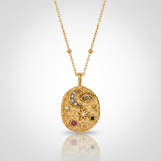 La. Muses Colored Cubic Zirconia Star Moon Texture Pendant Stainless Steel Retro Luxury Necklace Waterproof Jewelry Gift