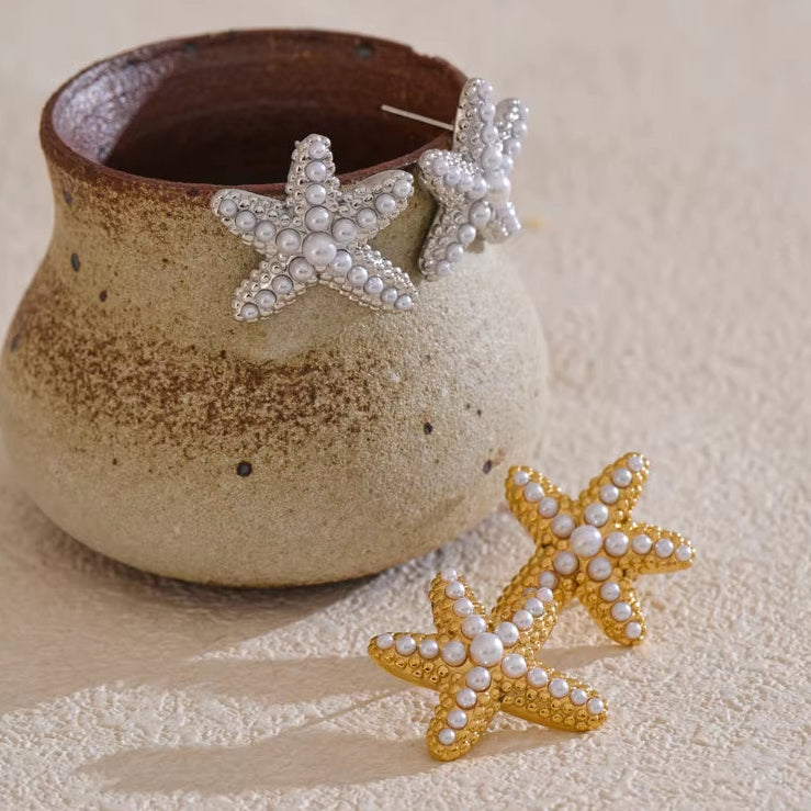 Ocean Style Imitation Pearls Starfish Stud Earrings Stainless Steel Casting Exquisite Summer Holiday Beach Jewelry Gift