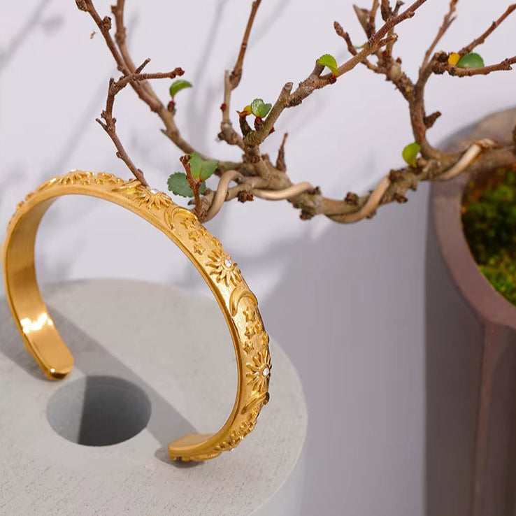 Golden Stainless Steel Moon Star Sun Bangle Bracelet Stylish Metal Open Wrist Браслеты На Руку Женкие Party Gift