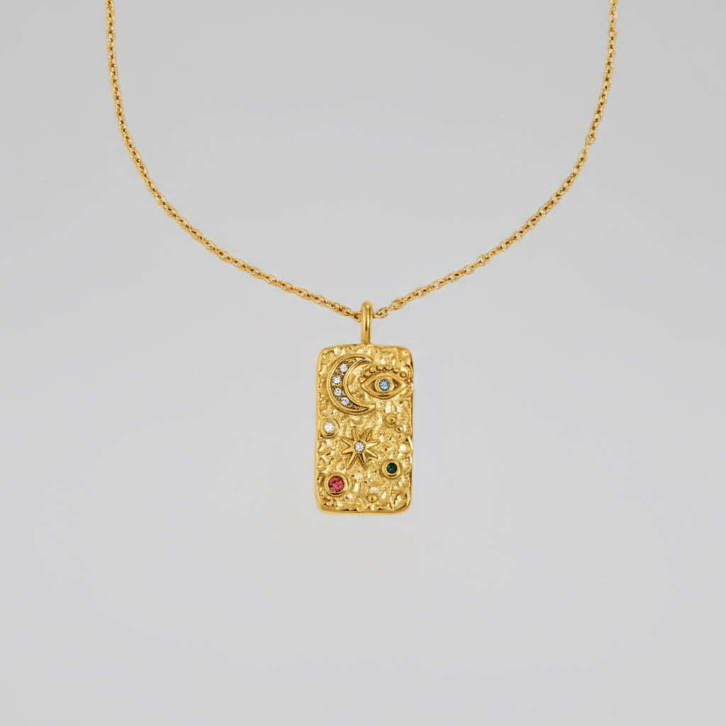 La. Muses Colored Cubic Zirconia Star Moon Texture Pendant Stainless Steel Retro Luxury Necklace Waterproof Jewelry Gift